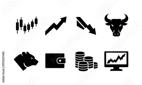 Stock trading: candlestick chart, upward arrow, downward arrow, bull symbol, bear symbol, wallet, coin stack, trading screen