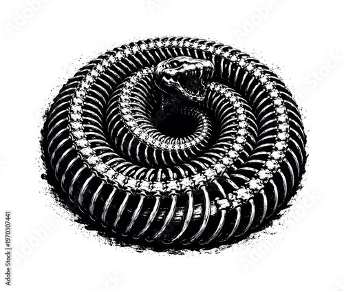 A coiled serpent skeleton shown in a tight spiral top view, enlarged to fill the frame as a dense organic form on a pure white background, the