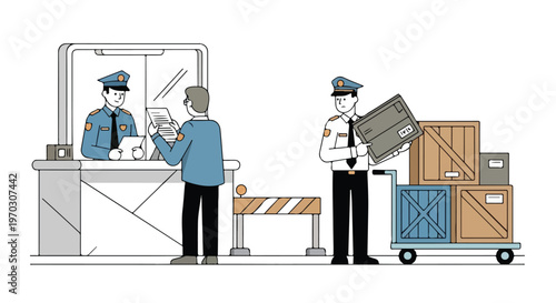 A minimal flat vector illustration of customs officers checking documents and cargo at a port inspection station, featuring clean line art, simple geometric shapes, and a white background.