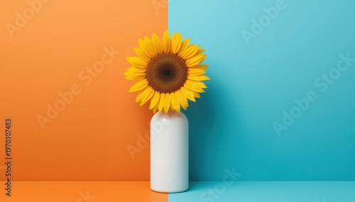 Yellow sunflower in white vase against orange and blue gradient background yellow petals orange background