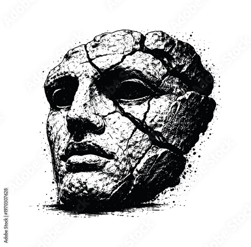 A cracked stone sculpture head fragment shown in a three-quarter view, enlarged to dominate the frame as a weathered organic form on a clean white