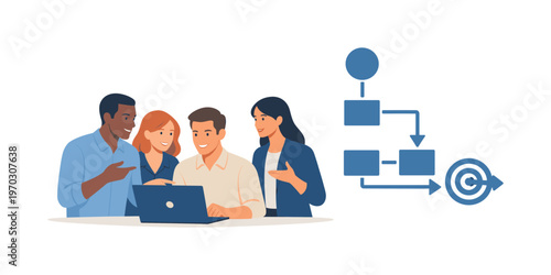 A team strengthening shared workflow clarity during a collaborative discussion, gathered near a laptop while interacting with a simple aligned pathway
