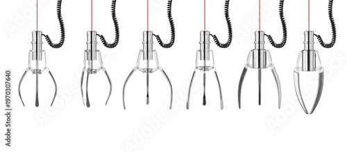 Opened and Closed Chrome Machine Claw Hand isolated on a white background. Robotic Claw Hand concept