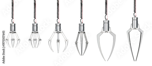 Opened and Closed Chrome Machine Claw Hand isolated on a white background. Robotic Claw Hand concept