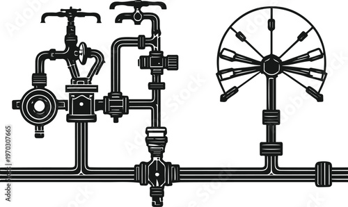  Irrigation system line icons, water pump, pipe, sprinkler, outline style, black lines, editable stroke, white background 1