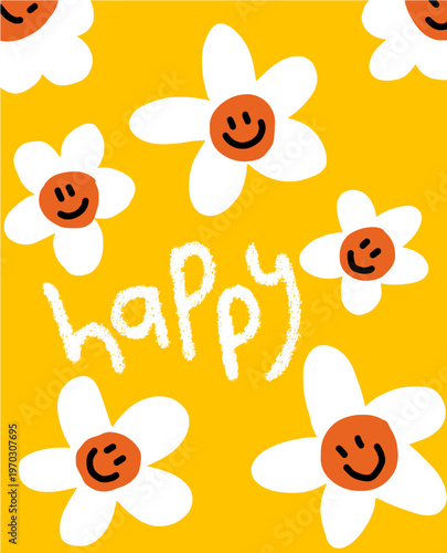 Cheerful Illustration of Smiling Daisy Flowers with 'Happy' Text on Yellow Background