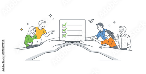 Colleagues reinforcing mutual support culture and helping each other manage workload challenges together during a calm team sync in a structured