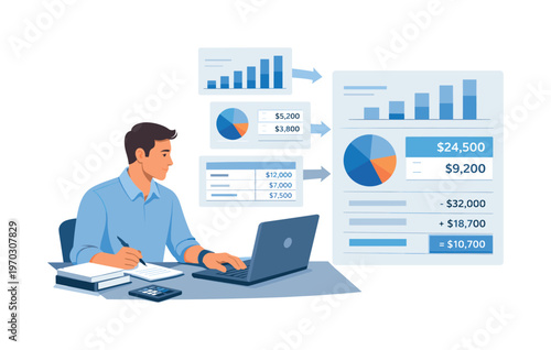 A professional organizing a structured financial consolidation process during a focused work session, sitting at a desk with a laptop while merging