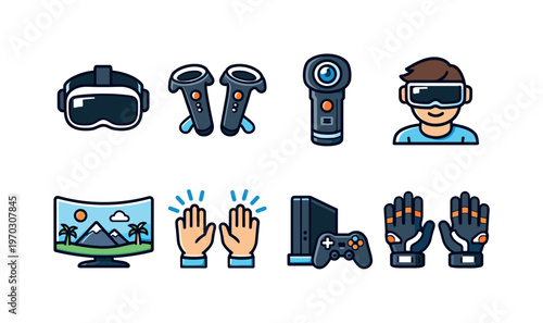 Virtual reality experience: vr headset, motion controllers, 360 camera, virtual avatar, immersive screen, hand tracking gesture, gaming console