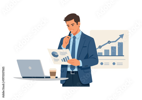 A business professional reviewing data insights in a clear analytical workflow, standing next to a laptop with a simple upward graph panel beside it