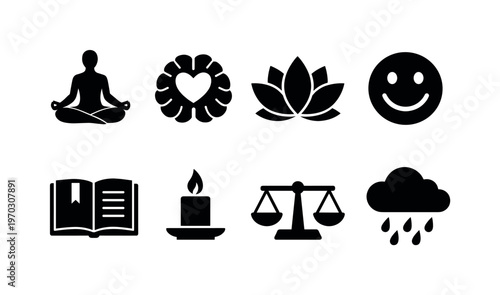 Mental wellness: meditation pose, brain with heart, lotus flower, mood smiley, journal notebook, candle, balance scale, stress cloud with rain