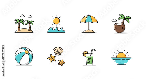 Cute Summer Beach Vacation Element Icons Set Featuring Sun Sandals Sunglasses And Tropical Items Cartoon Vector Collection