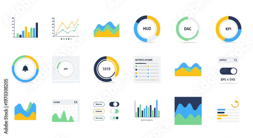 Flat Vector Dashboard UI Components and Data Visualization Charts for Web Analytics and Admin Panel Templates
