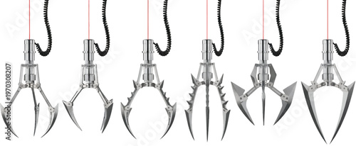 Opened and Closed Chrome Machine Claw Hand isolated on a white background. Robotic Claw Hand concept
