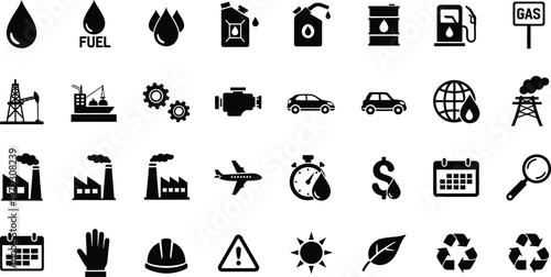 Oil and gas industry icons collection featuring fuel and energy production