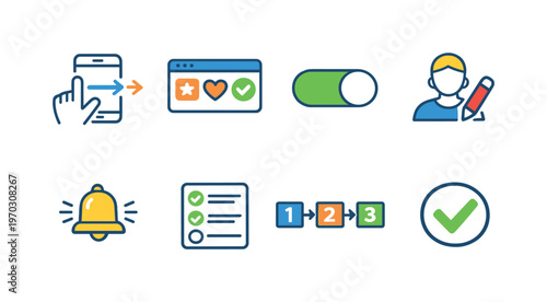 Mobile app onboarding: welcome screen, swipe gesture, feature highlights, permission toggle, profile setup, notification opt in, tutorial steps