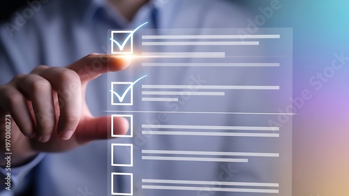 Hand interacting with a glowing digital checklist interface against a purple city background