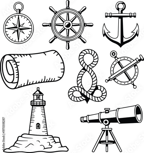 Nautical theme collection set with compass, ship wheel, anchor, scroll, rope, sextant, and lighthouse, vintage maritime icons isolated on white.