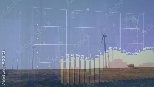 Data feed activating, HUD overlaying wind farm, 3D bars rising, showing turbine data, then receding
