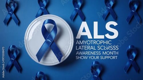Multiple Dark Blue Awareness Ribbons Background with Main Ribbon on Plate and ALS Amyotrophic Lateral Sclerosis Text Show Your Support
