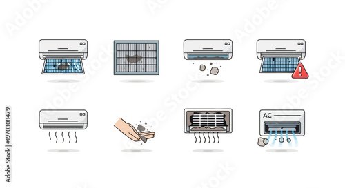 Air Filter Replacement and HVAC Cleaning Service Vector Icon Set for Home Maintenance and Indoor Air Quality Inspection