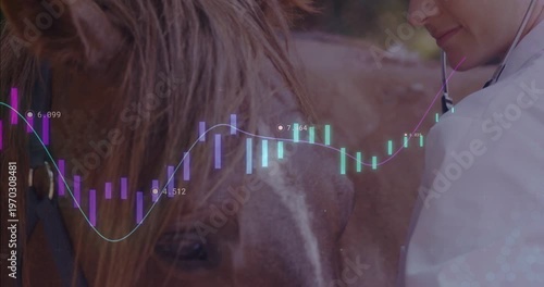 Vet placing stethoscope listening and cradling horse for exam, candlestick line flowing over hands