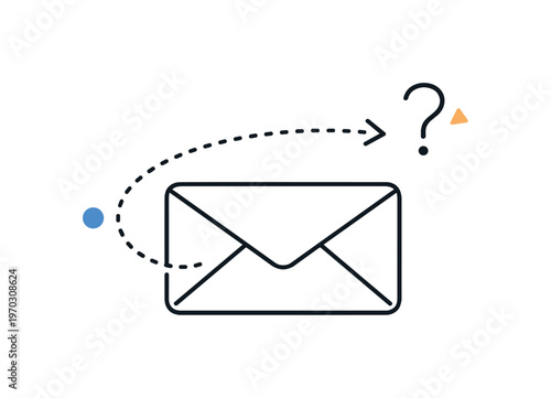 Cold email outreach and low response uncertainty in digital communication workflows, a simple envelope with a small dotted arrow and a subtle question