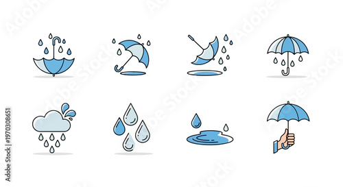 Minimalist Blue Line Art Weather Icon Collection for Meteorological Apps and Rainy Season UI Kits
