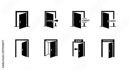 Black Minimalist Door Icons Set for Login Logout and Entrance Exit Navigation UI