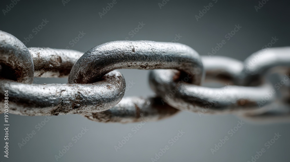 Naklejka premium Close-up of a metal chain with a single oversized link highlighted by dramatic lighting