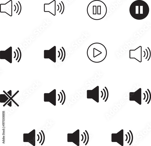 Set of black and white volume and media control icons for sound playback and user interface