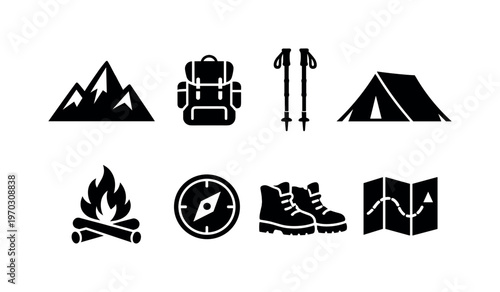 Mountain adventure: mountain peak, hiking backpack, trekking poles, tent, campfire, compass, boots, map