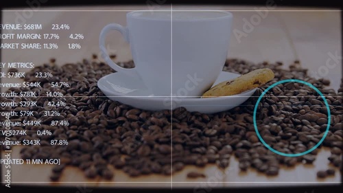 Starting, white cup with cookie on coffee beans, business metrics sliding, cyan highlight circling