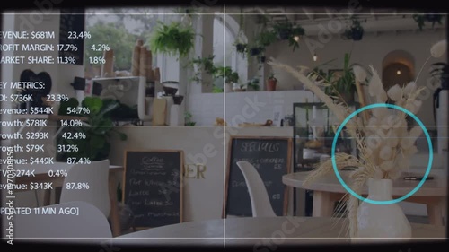 On system activation, AR overlay highlighting white vase and layering quarterly performance metrics