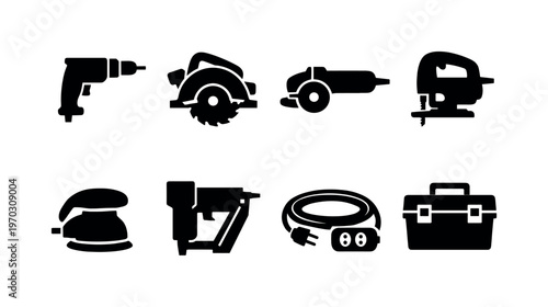 Electric tools: power drill, circular saw, angle grinder, jigsaw, sander, nail gun, extension cord, toolbox