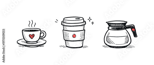 Coffee theme  a horizontal row of 3 related hand-drawn objects on a white background: a small espresso cup with a tiny red heart on the side, a