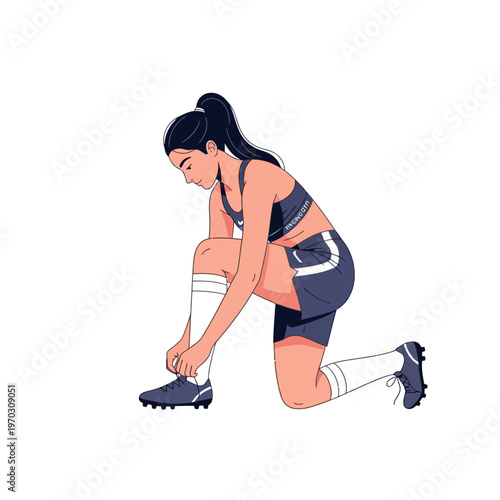 Female soccer player kneeling and tying her shoelaces