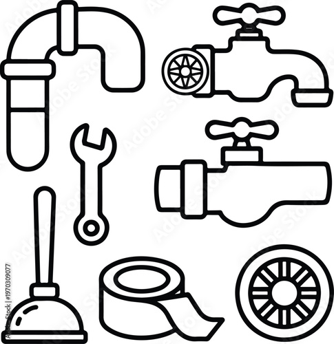Plumbing tools and parts set including wrench plunger pipes faucets and tape on white background.
