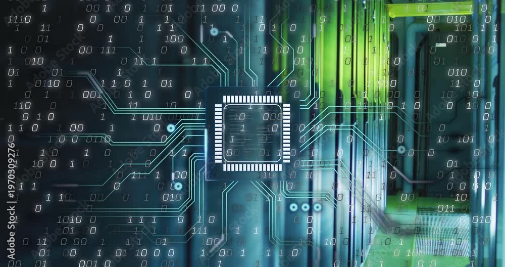 Microchip appearing over data center aisle, emitting circuits ...