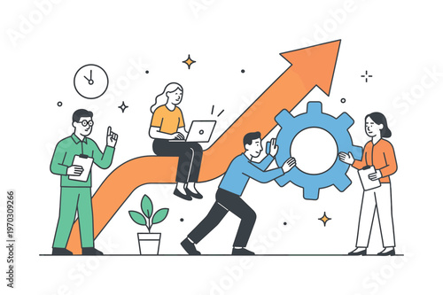 A workflow efficiency and process acceleration scene showing a small team improving operations around a large arrow and a gear, using a clear visual