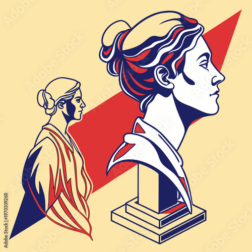 Classical greek style female bust sculpture and profile portrait with red geometric arrow element on cream background vector fine art illustration.