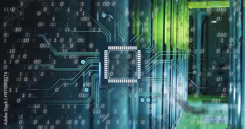Microchip appearing over data center aisle, emitting circuits, cascading binary, showing data flow