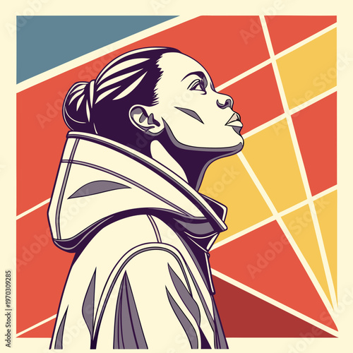 Stylized portrait illustration of a young black woman looking up with determination, wearing a hooded jacket, set against a geometric background with warm retro colors.