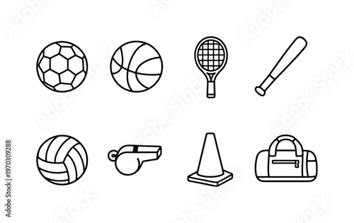 School sports equipment: soccer ball, basketball, tennis racket, baseball bat, volleyball, whistle, sports cone, gym bag