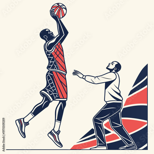 Basketball player soaring for a jump shot against an opponent defending below, dynamic graphic elements in background.