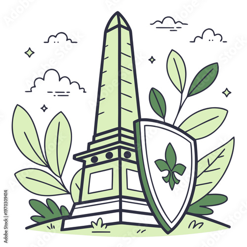 Tall obelisk monument with fleur-de-lis shield and green leaves in minimalist line art style showing preservation of historical urban landmarks.