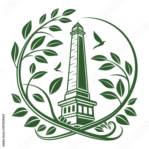Tall obelisk monument framed by lush green foliage and flying birds, symbolizing nature and historical preservation.