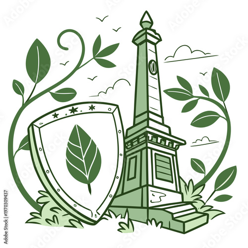Historic obelisk and shield with leaf symbol representing monument preservation and environmental protection concept.