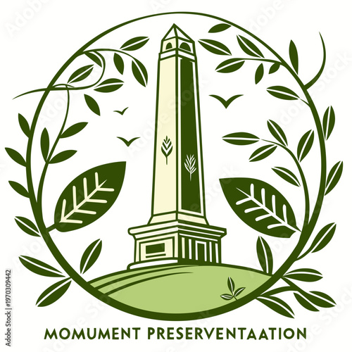 Ancient monument preservation concept with tall obelisk framed by lush green foliage, birds, and clear text.