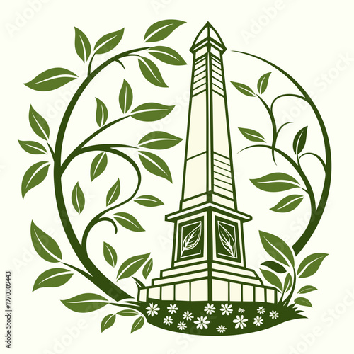 Stone obelisk monument design with blooming flowers and swirling green foliage around it in a circular frame.